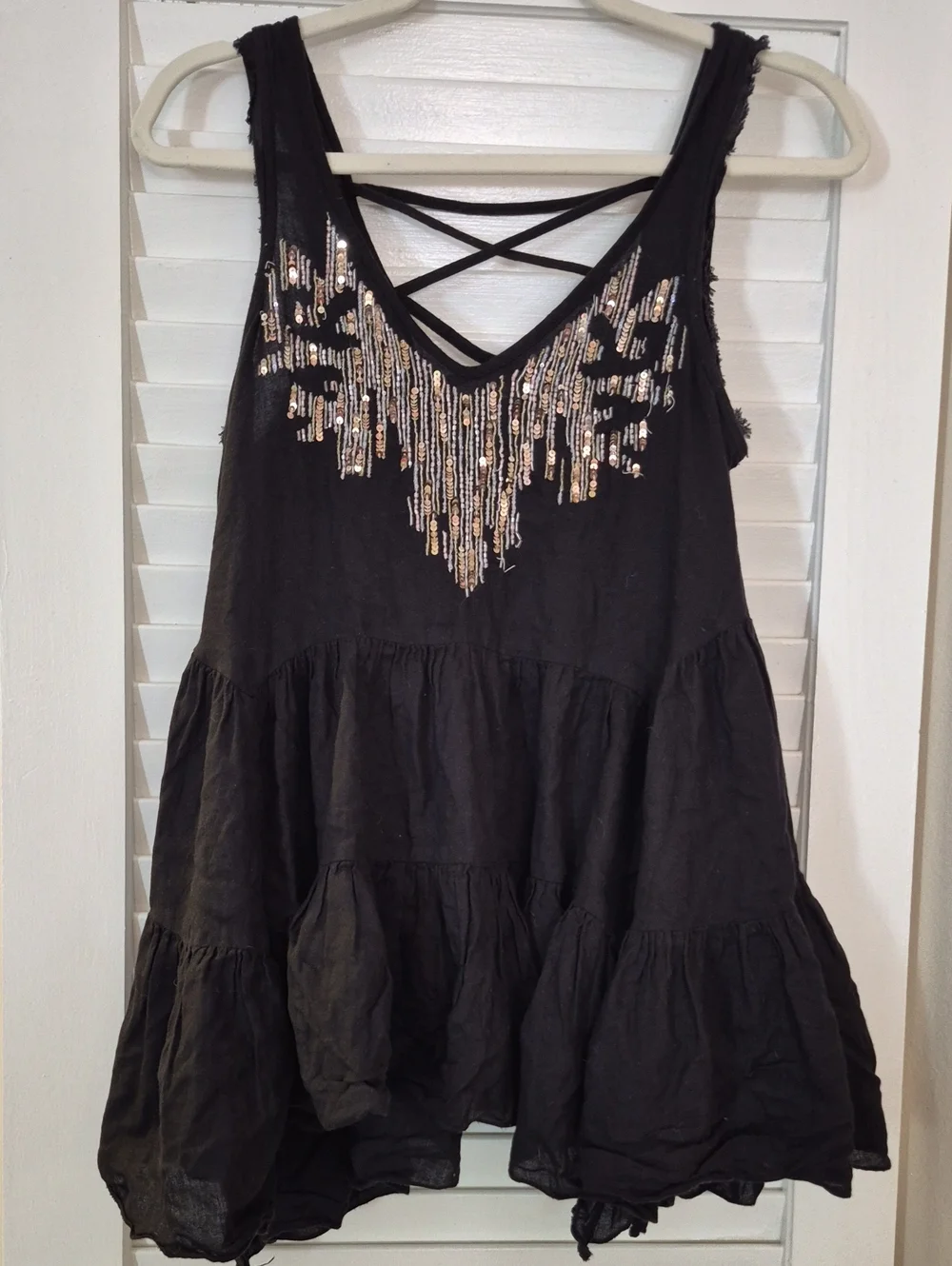 Free People Black Tiered Sleeveless Crisscross Tank with Sequin Fringe